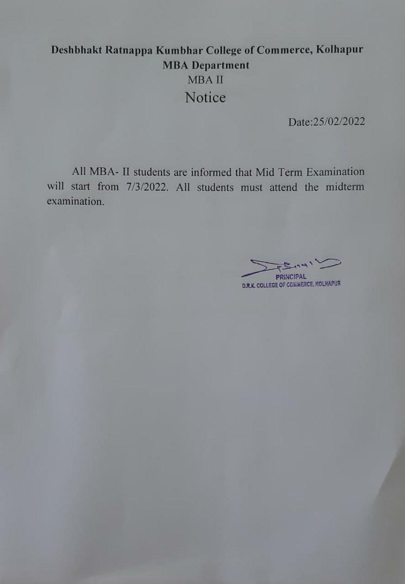 MBA Part - II Mid Term Examination Notice
